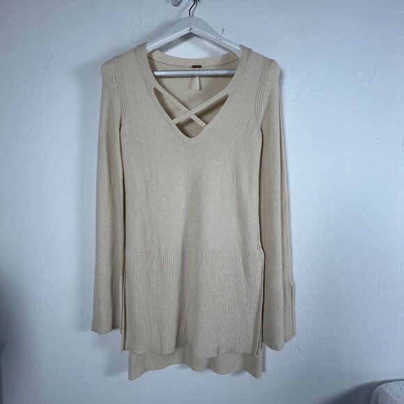 Free People Sweaters - Free People Womens Criss Cross Tunic Sweater XS Beige Linen Blend Pullover